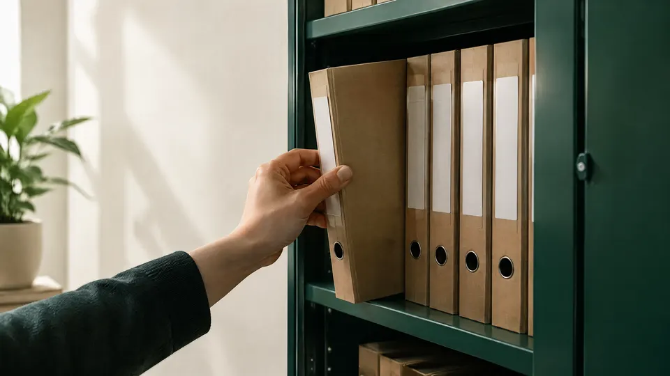 Une main range un classeur en carton dans une armoire verte.