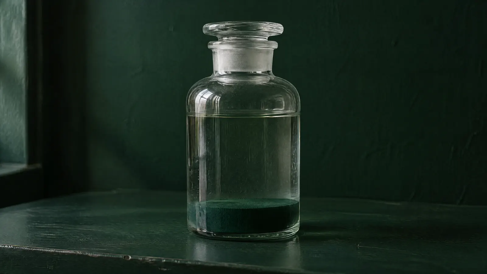 Un bocal de verre fermé, un dépôt vert au fond.