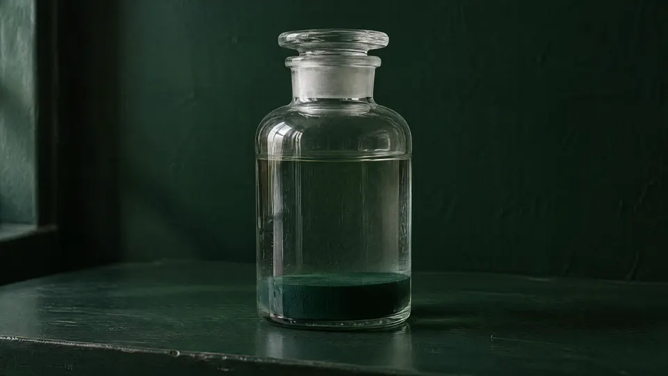 Un bocal de verre fermé, un dépôt vert au fond.